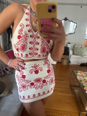 White set w Red Floral Embroidery - Women's Embroidered Mini Skirt & halter top